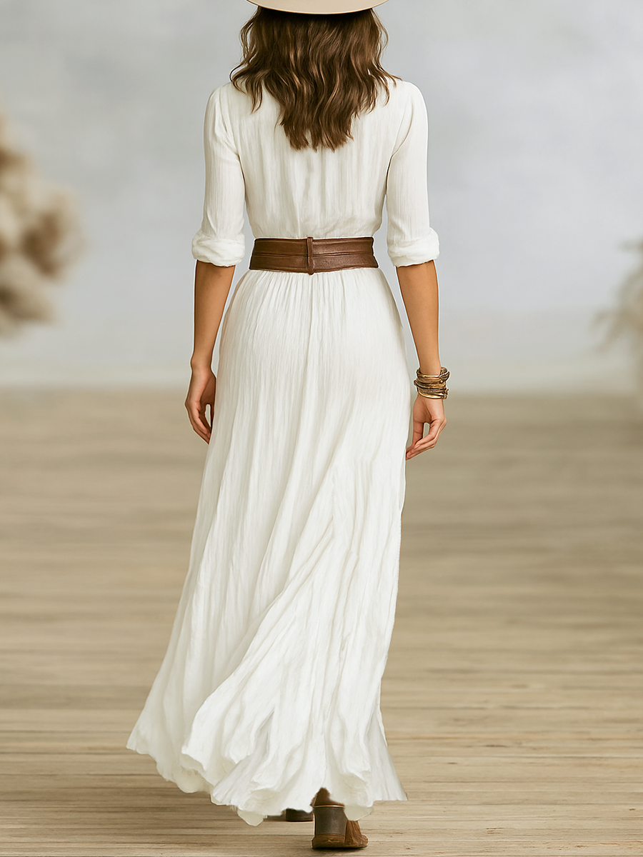 Aurora - Robe Longue en Lin avec Col Inversé