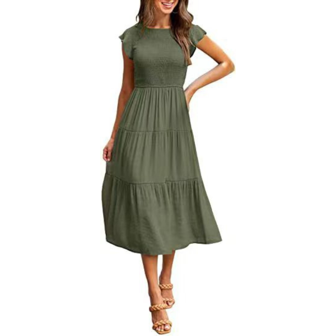 KRISELLE™ - Robe Midi Fumée à Manches Volantes Élégantes
