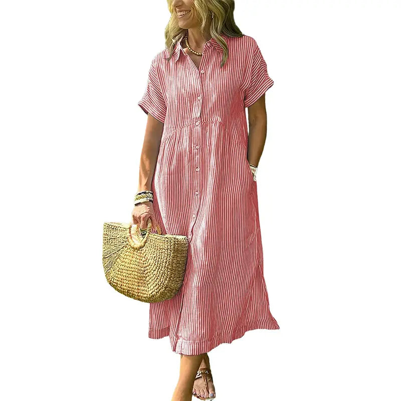 PETRA™ – Robe Chemise Midi à Rayures Confortable et Ample