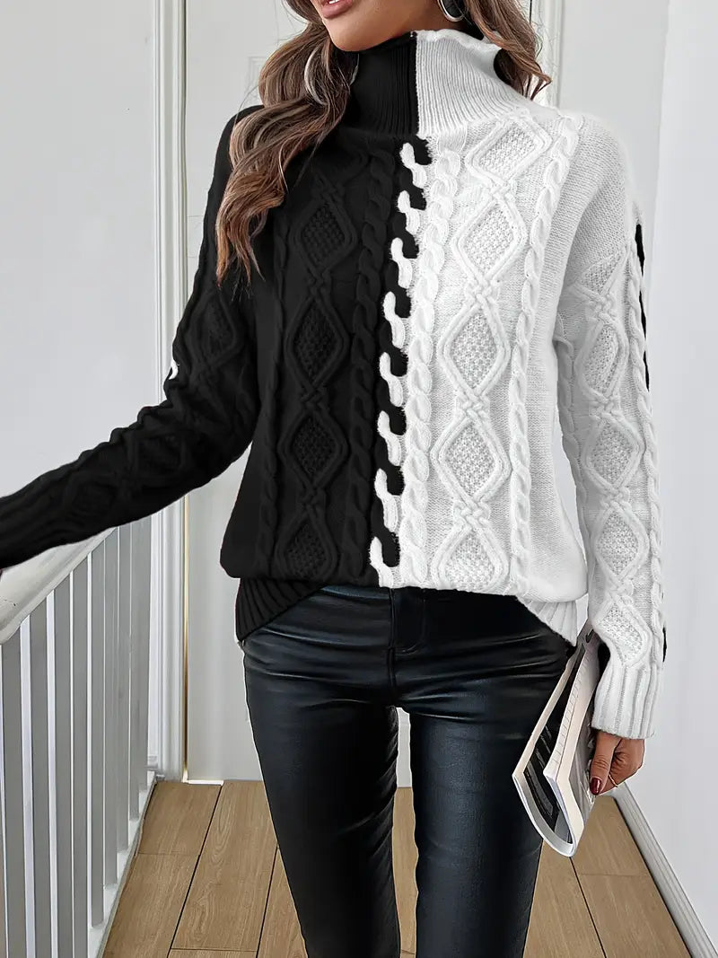 LEOVIA | Elegancki Sweter w Paski z Wysokim Kołnierzem