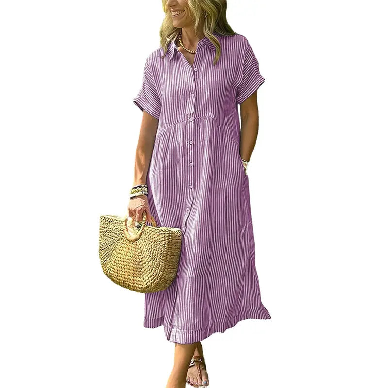 PETRA™ – Robe Chemise Midi à Rayures Confortable et Ample