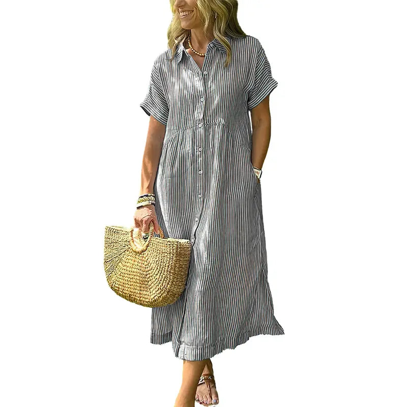 PETRA™ – Robe Chemise Midi à Rayures Confortable et Ample