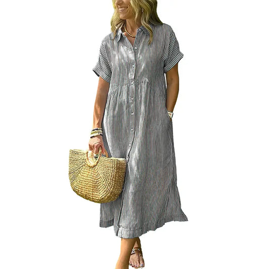 PETRA™ – Robe Chemise Midi à Rayures Confortable et Ample