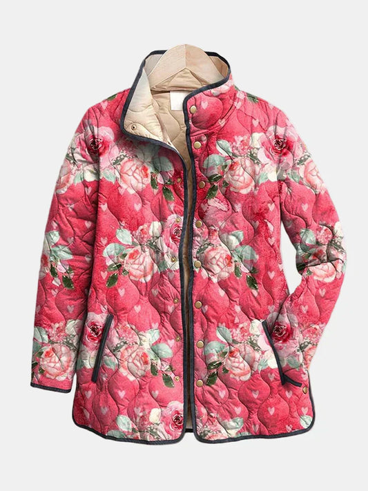 Freya | Charmante Veste Matelassée Imprimée de Fleurs Roses