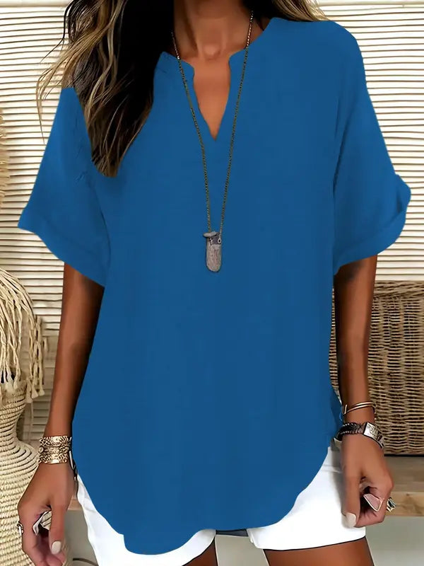 SEREIA™ - Blouse Décontractée Unie à Manches Courtes
