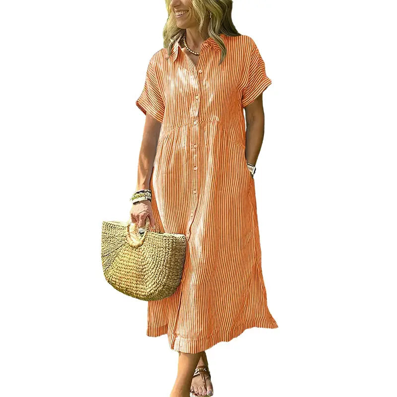 PETRA™ – Robe Chemise Midi à Rayures Confortable et Ample