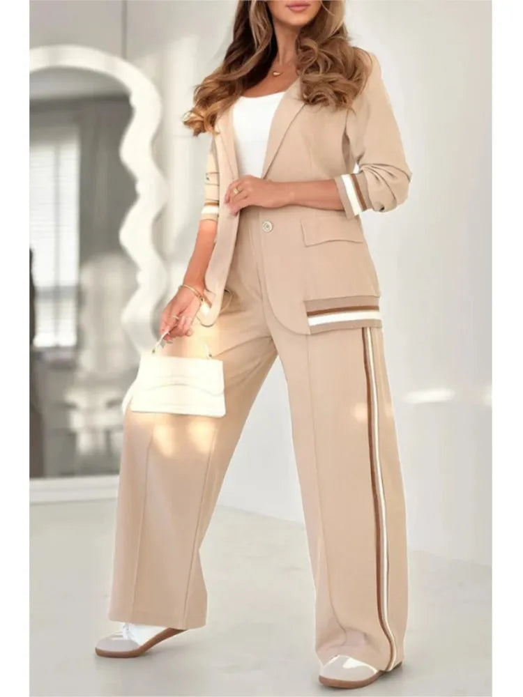 Fashion Solid Color Ribbed Temperament Commuting Trousers Set Women's Elegant Single-button Lapel Top Wide-leg Trousers Sets