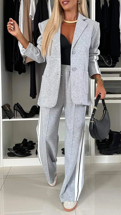 Casual Pants Sets Women Loose Laple Patchwork Long Sleeve Coats Straight Pants Female Suits 2024 Autumn Winter Lady Outerwears
