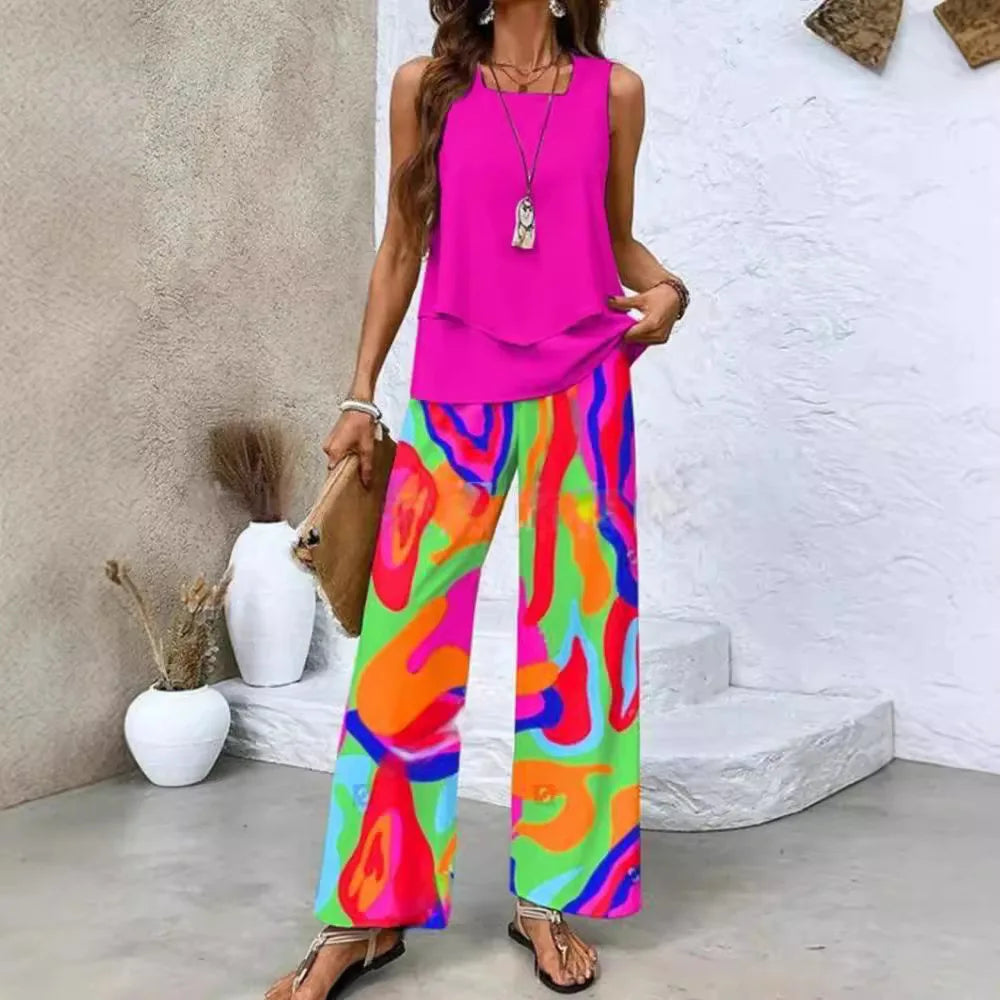 Analy - Ensemble Haut Sans Manches Et Pantalons À Jambes Larges