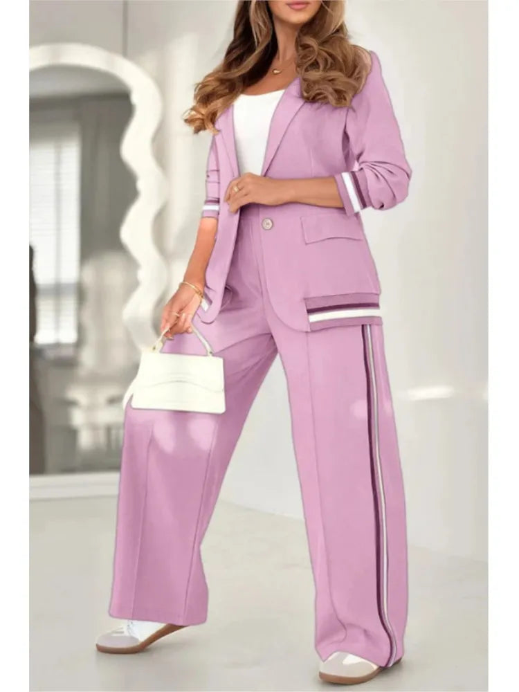Fashion Solid Color Ribbed Temperament Commuting Trousers Set Women's Elegant Single-button Lapel Top Wide-leg Trousers Sets