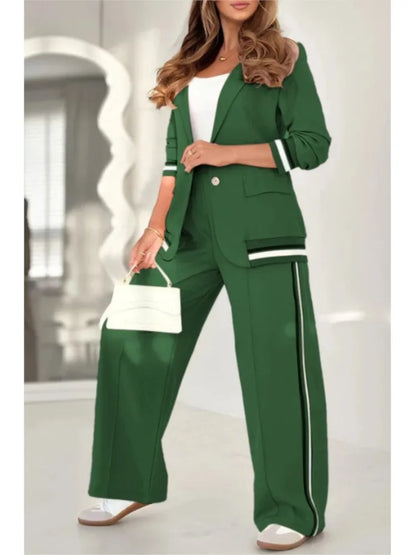 Fashion Solid Color Ribbed Temperament Commuting Trousers Set Women's Elegant Single-button Lapel Top Wide-leg Trousers Sets