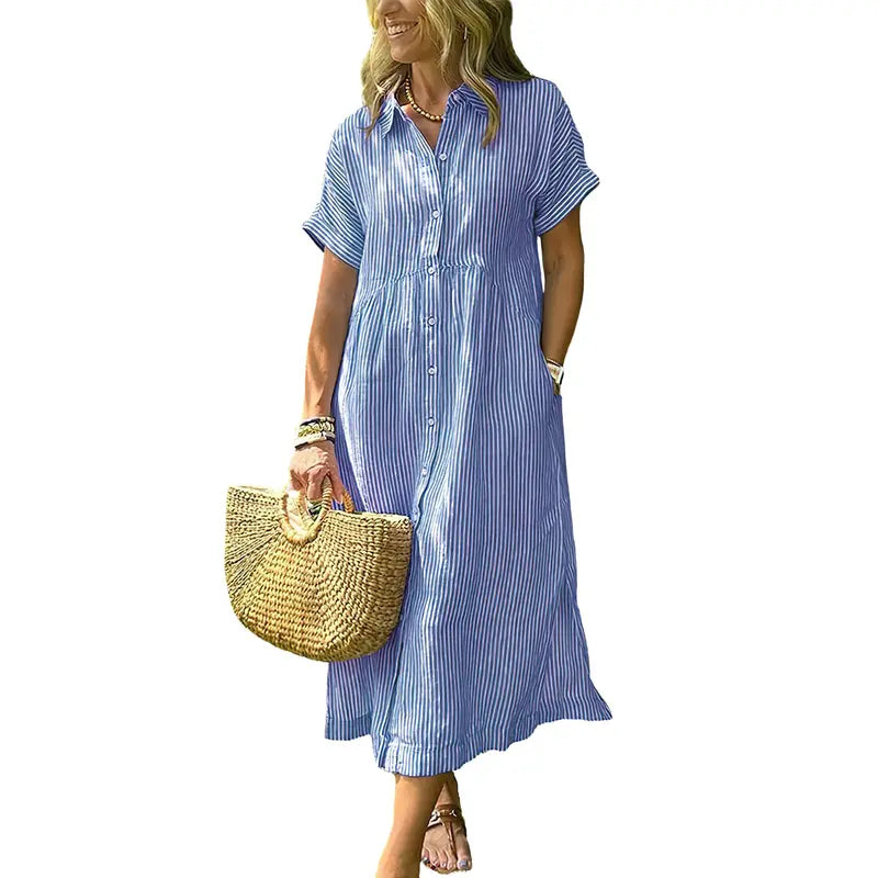 PETRA™ – Robe Chemise Midi à Rayures Confortable et Ample