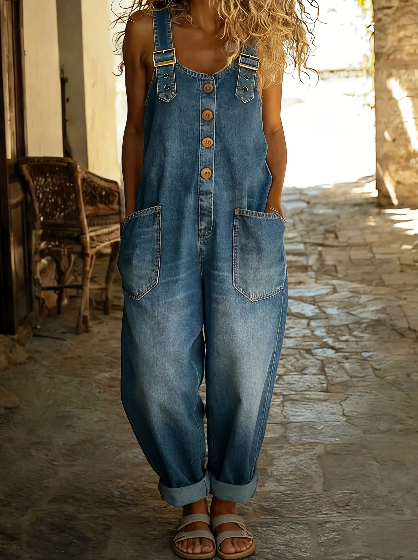 Chamodi - Casual Denim Jumpsuit With Adjustable Buckle