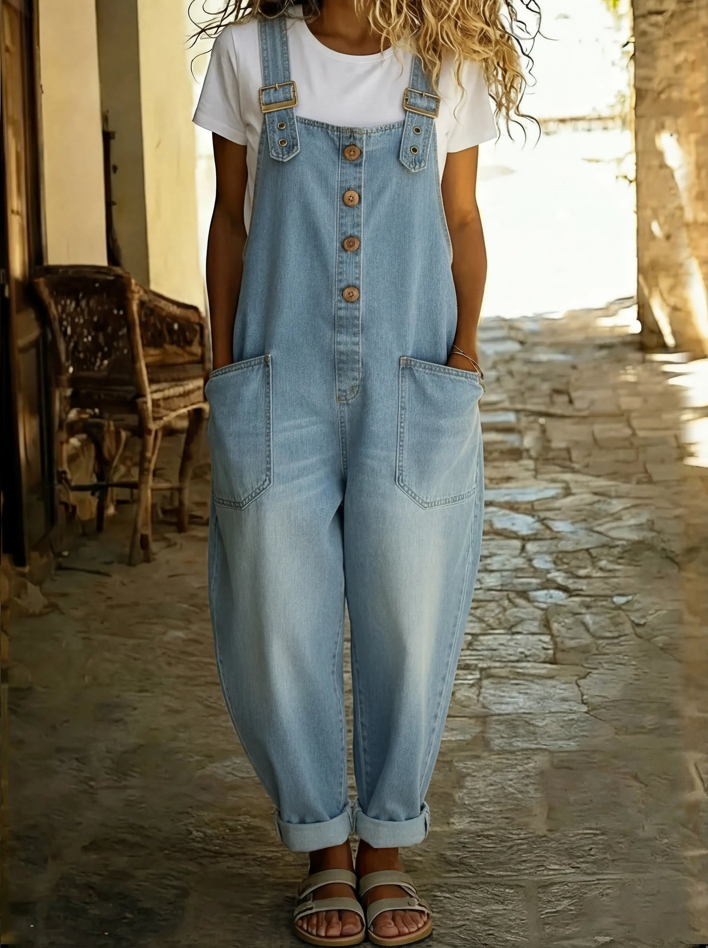 Chamodi - Casual Denim Jumpsuit With Adjustable Buckle